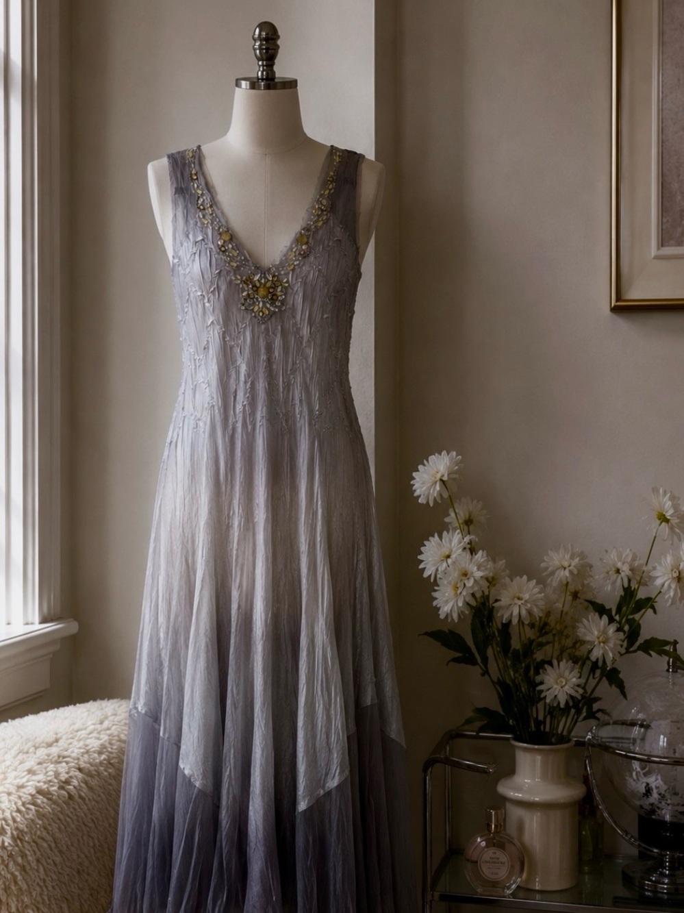 Elegant Beaded V-Neck Women's Dress in Soft Gray
